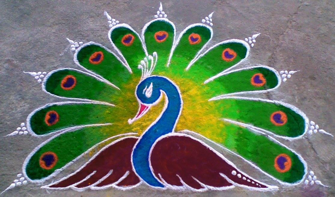Best Peacock rangoli designs with colours - Fashion Beauty 