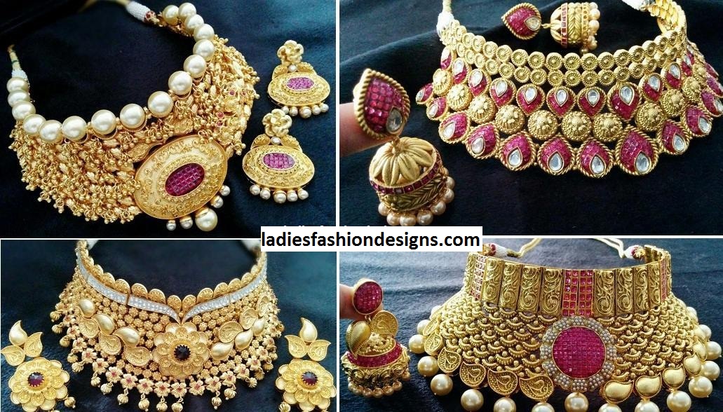 Traditional gold jewellery with pearl chokers designs Fashion Beauty