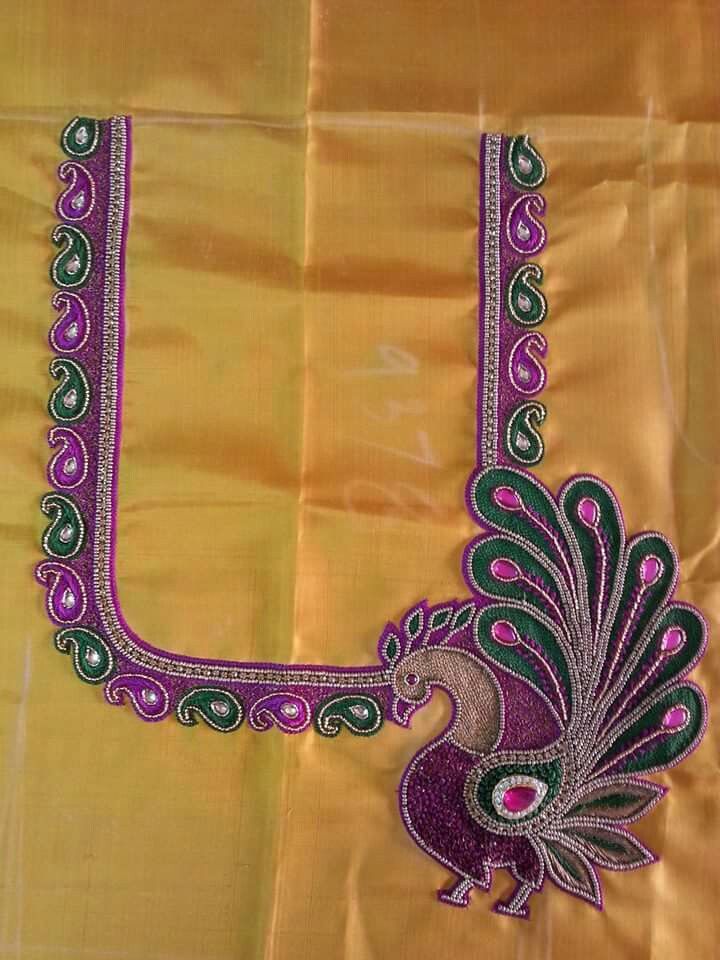 simple embroidery neck designs for blouse Leaf designer aari work blouse