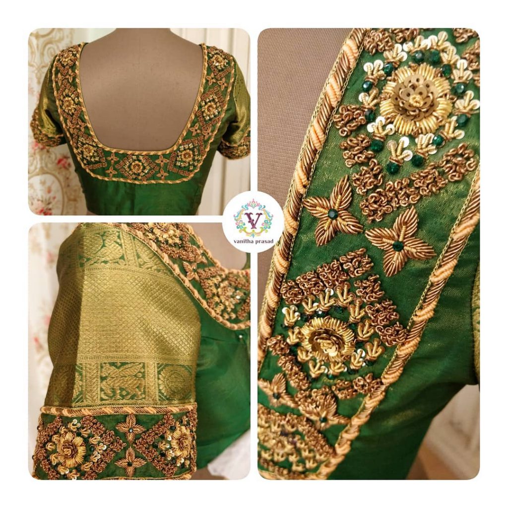 Green Colour Embroidery blouse Back neck hands designs for bridal ...